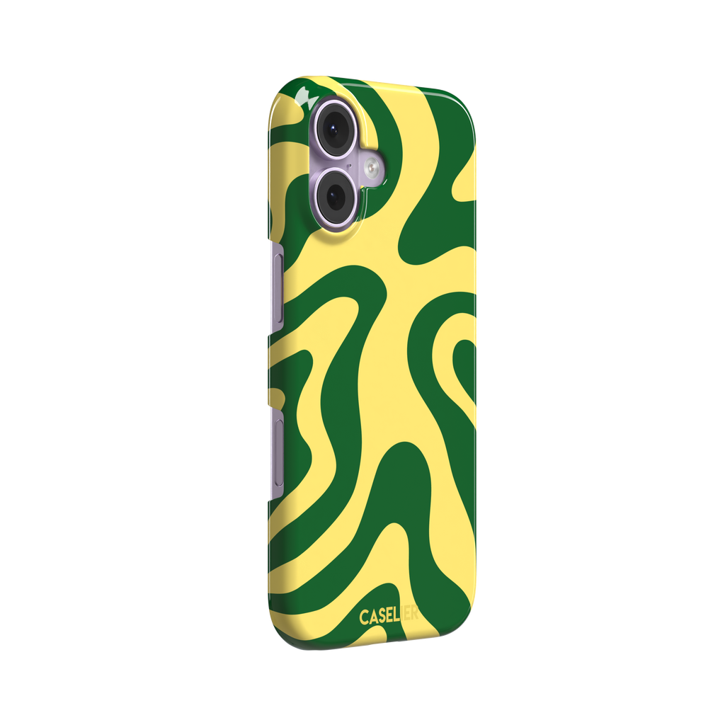 Wavey abstract phone case in yellow and deep green fluid swirl pattern, phone case by Caselier — snap case, left view