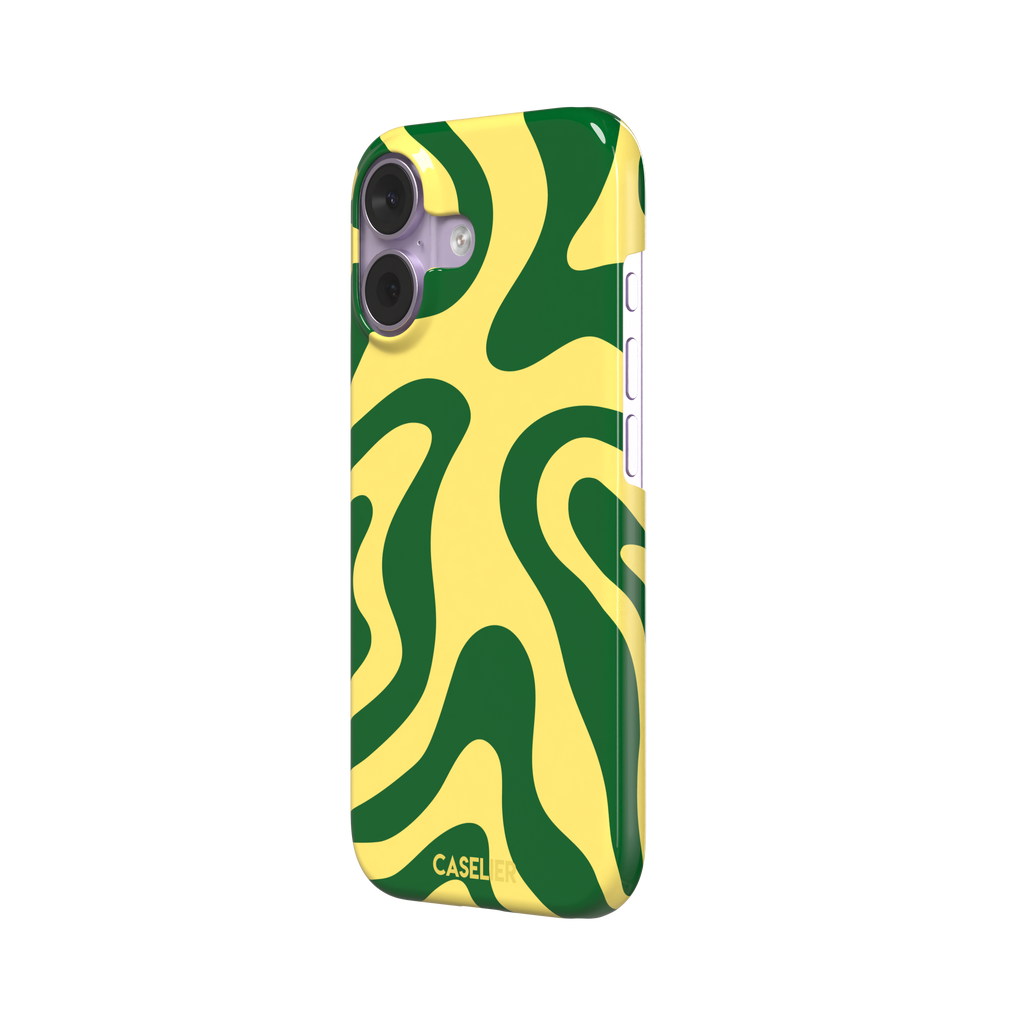 Wavey abstract phone case in yellow and deep green fluid swirl pattern, phone case by Caselier — snap case, right view