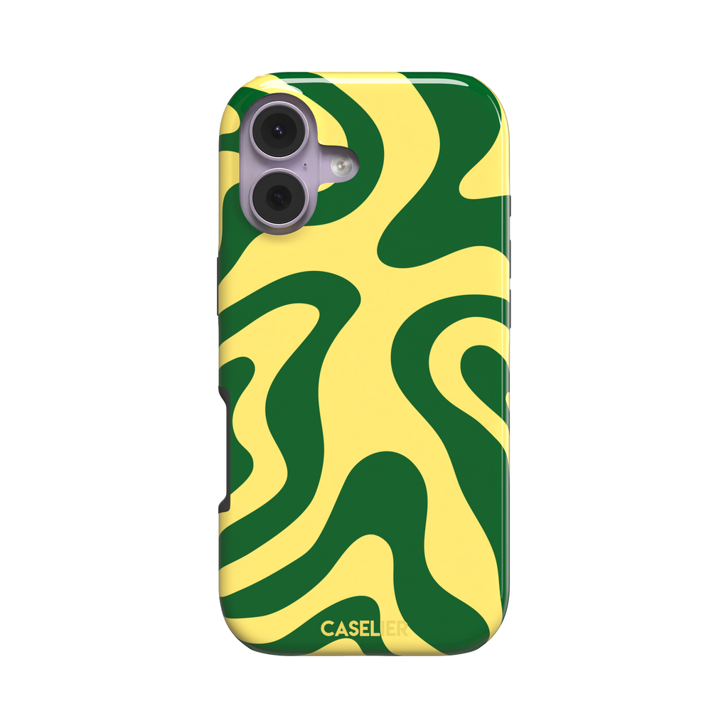 Wavey abstract phone case in yellow and deep green fluid swirl pattern, phone case by Caselier — tough case, front view