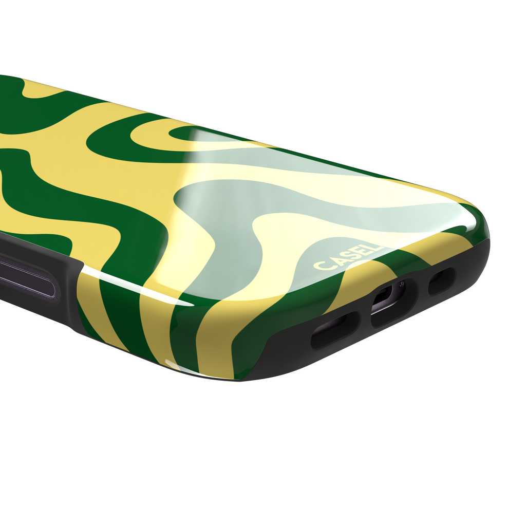 Wavey abstract phone case in yellow and deep green fluid swirl pattern, phone case by Caselier — tough case, charging port detail