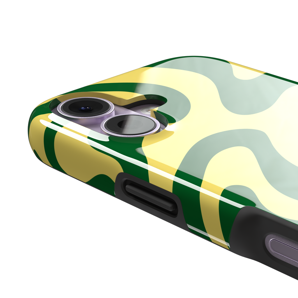 Wavey abstract phone case in yellow and deep green fluid swirl pattern, phone case by Caselier — tough case, volume buttons detail