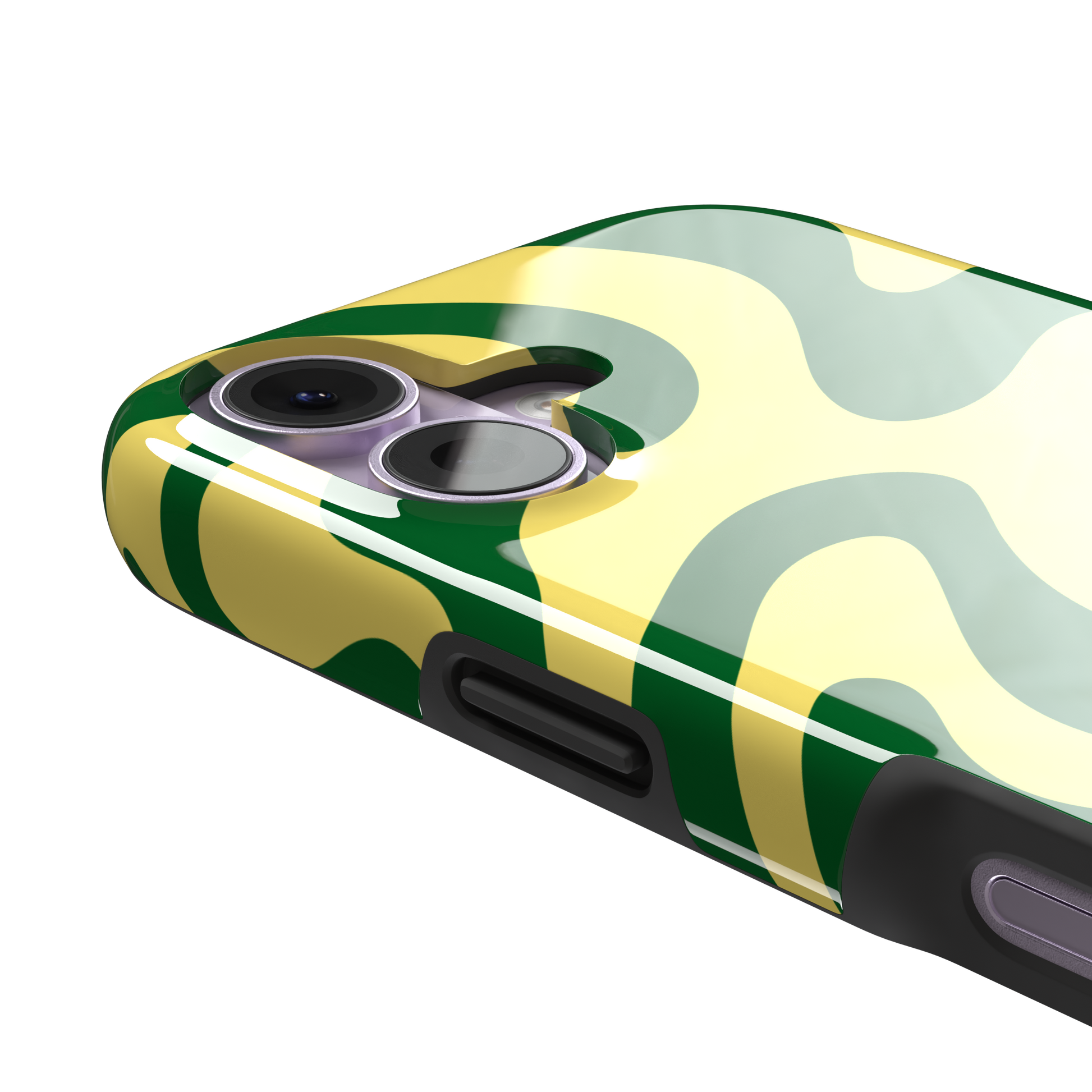 Wavey abstract phone case in yellow and deep green fluid swirl pattern, phone case by Caselier — tough case, volume buttons detail