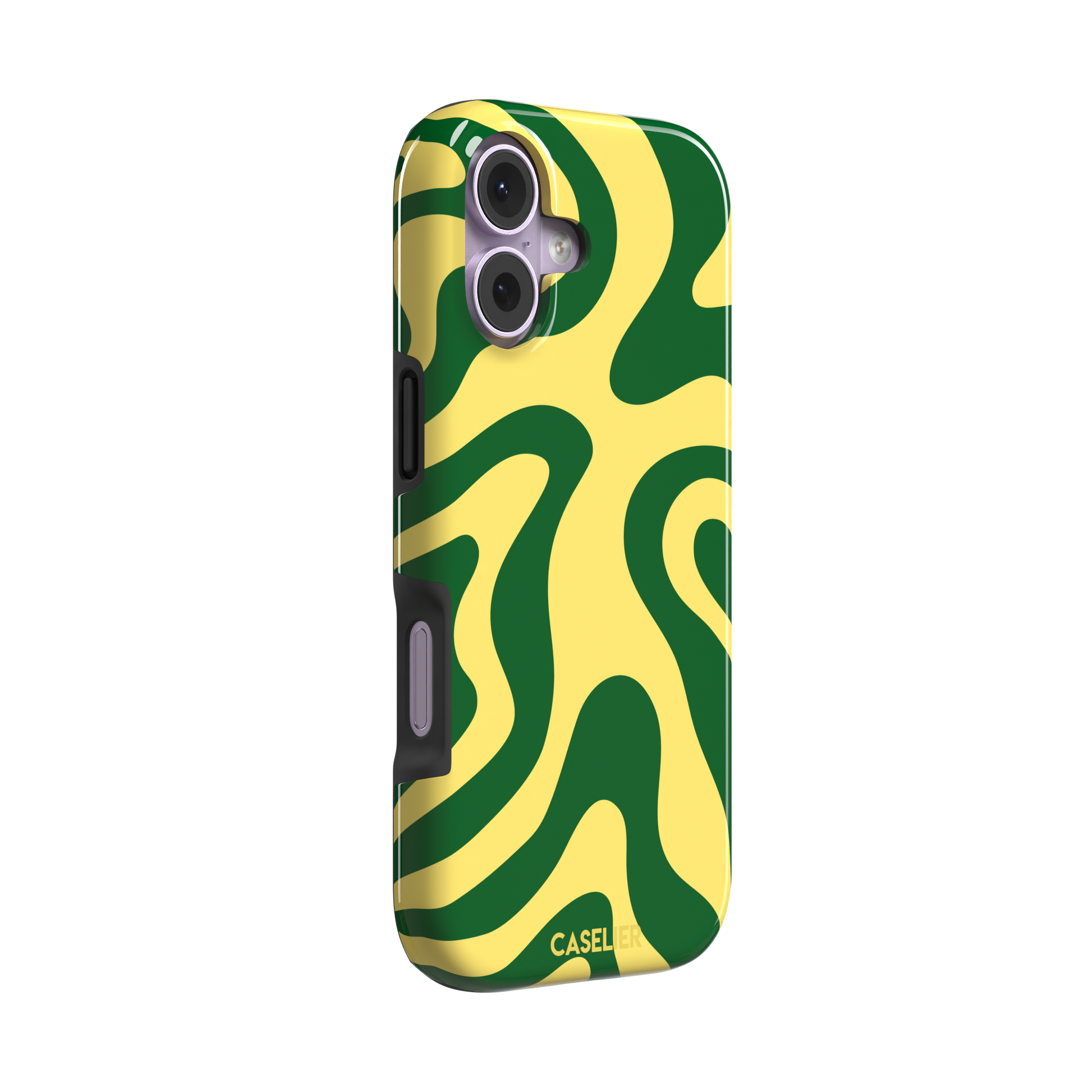Wavey abstract phone case in yellow and deep green fluid swirl pattern, phone case by Caselier — tough case, left view