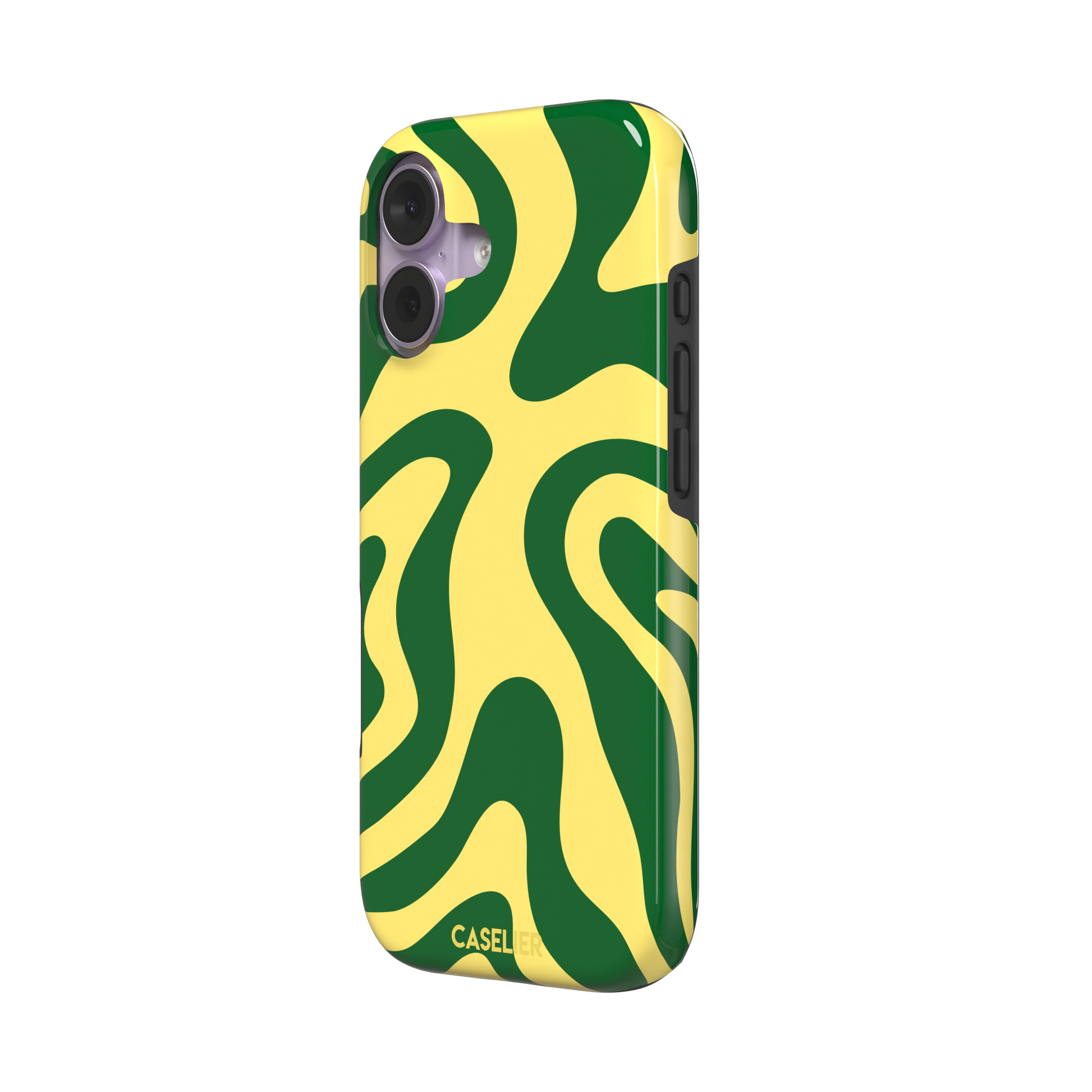 Wavey abstract phone case in yellow and deep green fluid swirl pattern, phone case by Caselier — tough case, right view