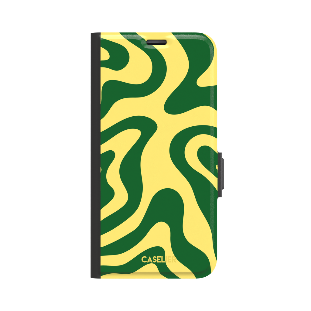 Wavey abstract phone case in yellow and deep green fluid swirl pattern, phone case by Caselier — wallet case, front view