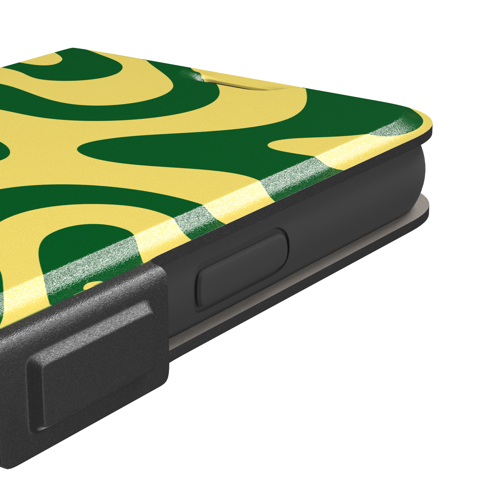 Wavey abstract phone case in yellow and deep green fluid swirl pattern, phone case by Caselier — wallet case, volume buttons detail