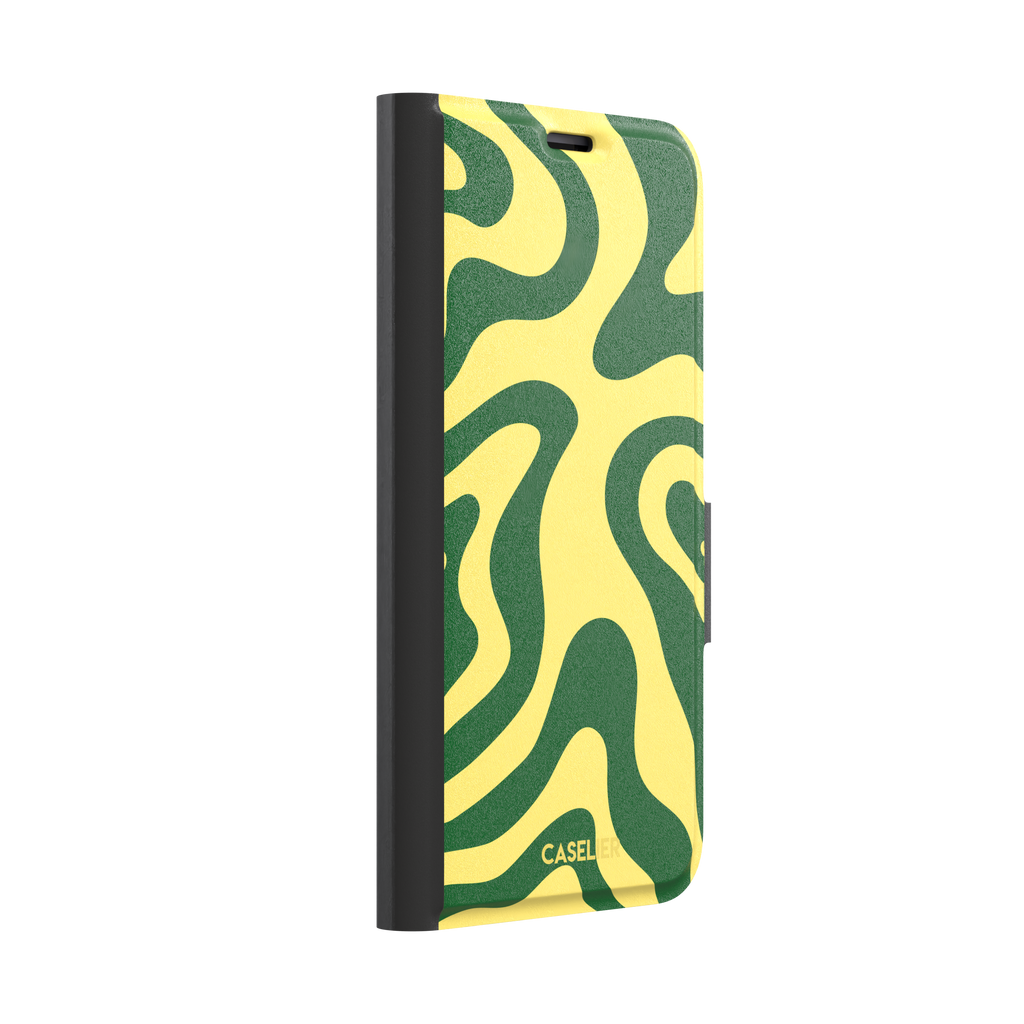 Wavey abstract phone case in yellow and deep green fluid swirl pattern, phone case by Caselier — wallet case, left view