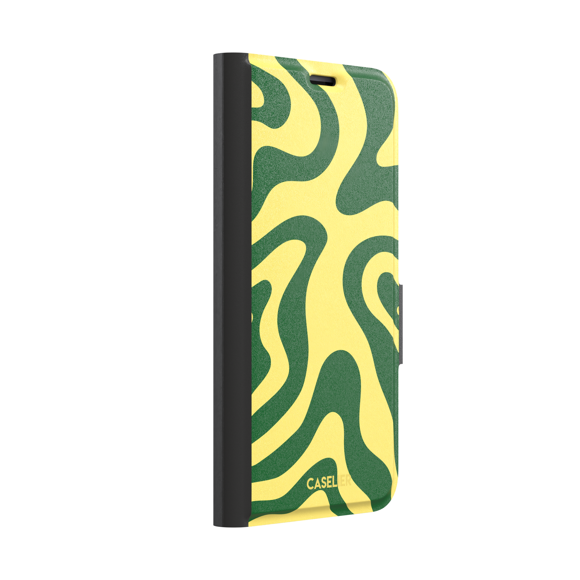 Wavey abstract phone case in yellow and deep green fluid swirl pattern, phone case by Caselier — wallet case, left view