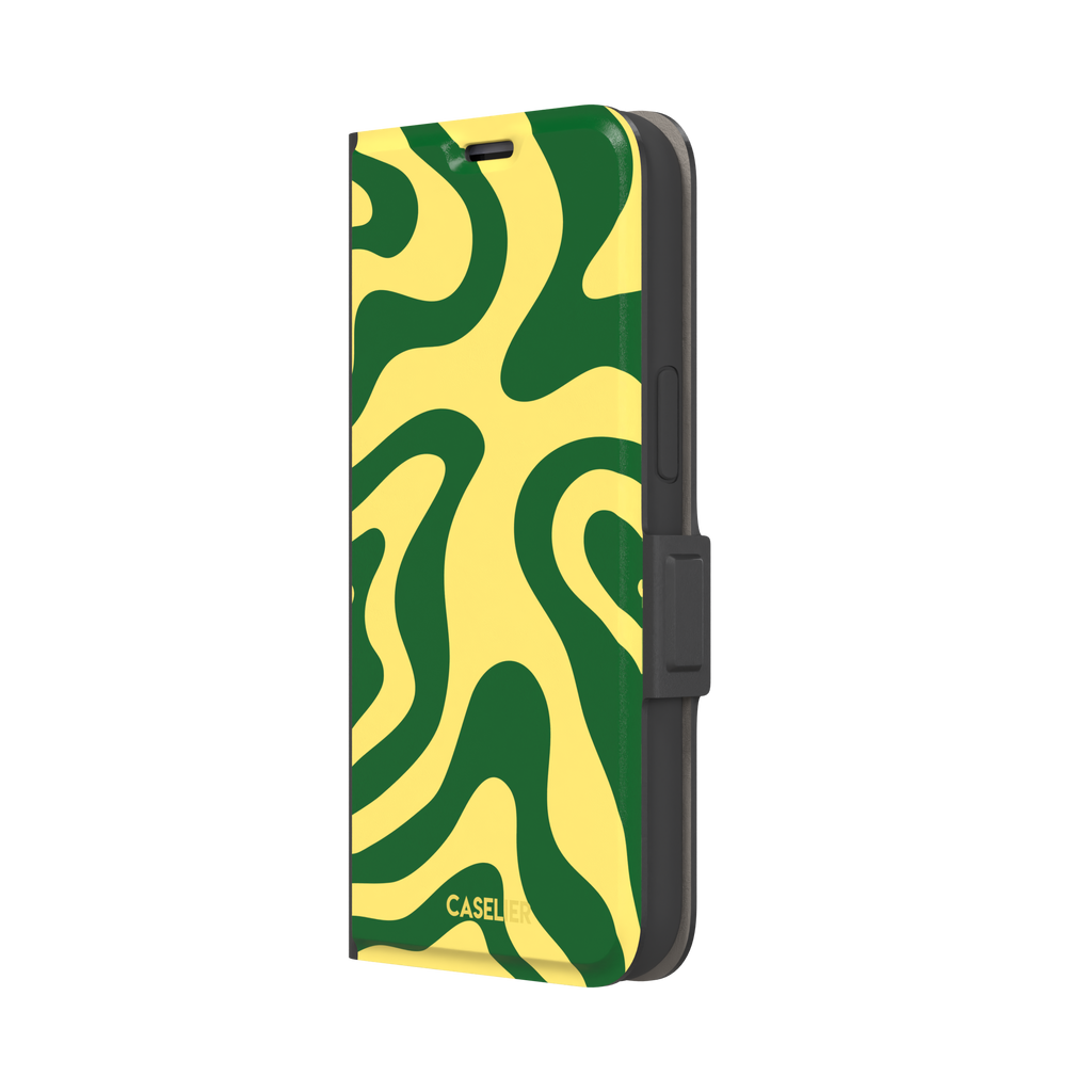 Wavey abstract phone case in yellow and deep green fluid swirl pattern, phone case by Caselier — wallet case, right view