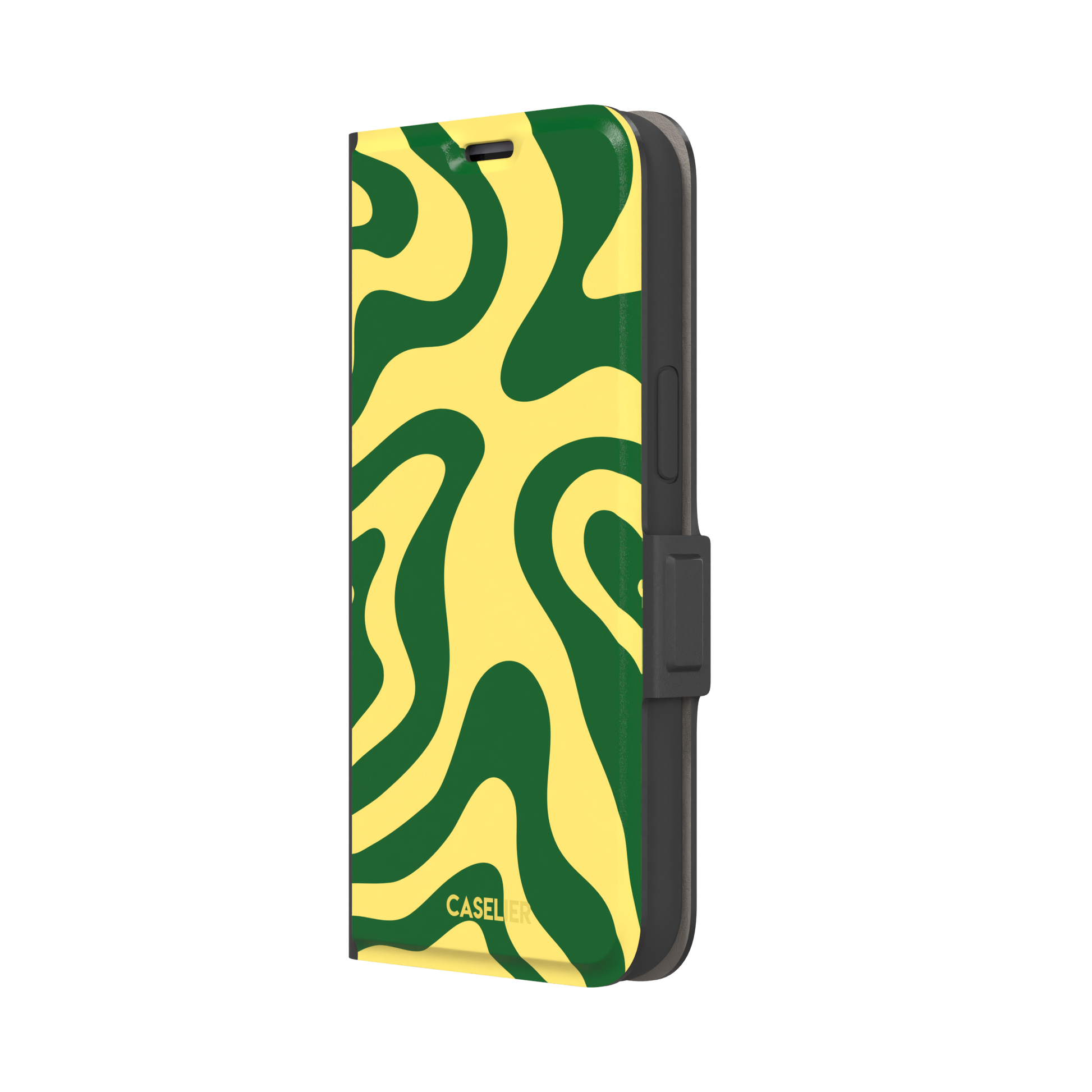 Wavey abstract phone case in yellow and deep green fluid swirl pattern, phone case by Caselier — wallet case, right view