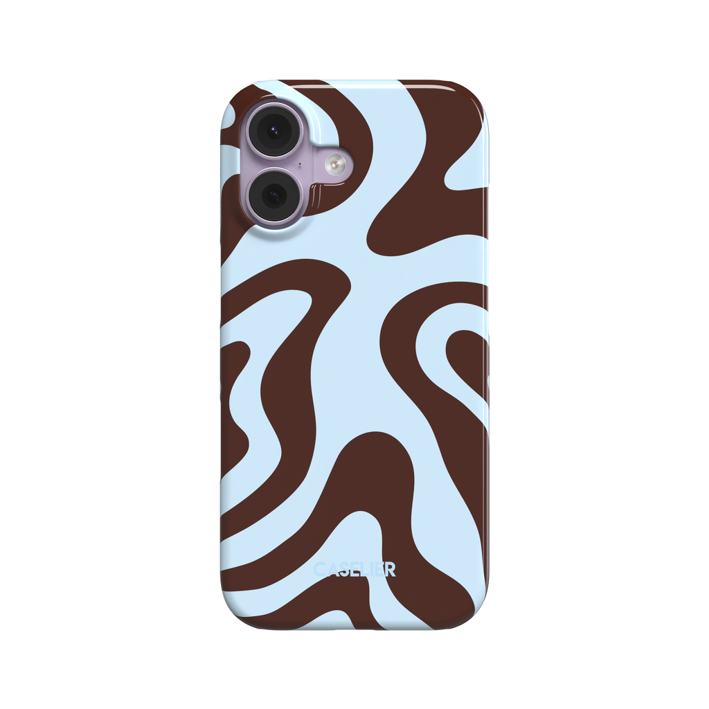 Wavey phone case in Brown and Blue, bold swirling pattern with rich dark brown waves on a pale sky blue background, glossy finish, phone case by Caselier - snap case, front view | Caselier