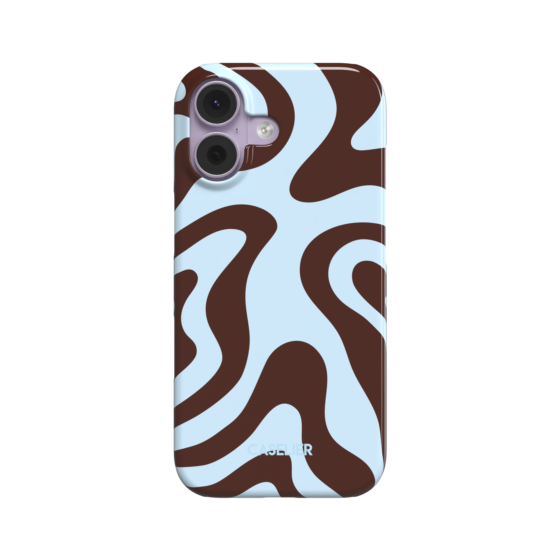 Wavey phone case in Brown and Blue, bold swirling pattern with rich dark brown waves on a pale sky blue background, glossy finish, phone case by Caselier - snap case, front view | Caselier