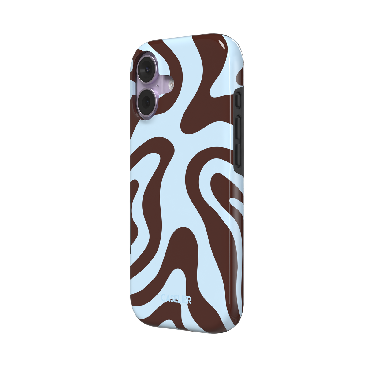 Wavey, retro liquid swirls in pale blue and chocolate brown, tough case, right view, phone case by Caselier