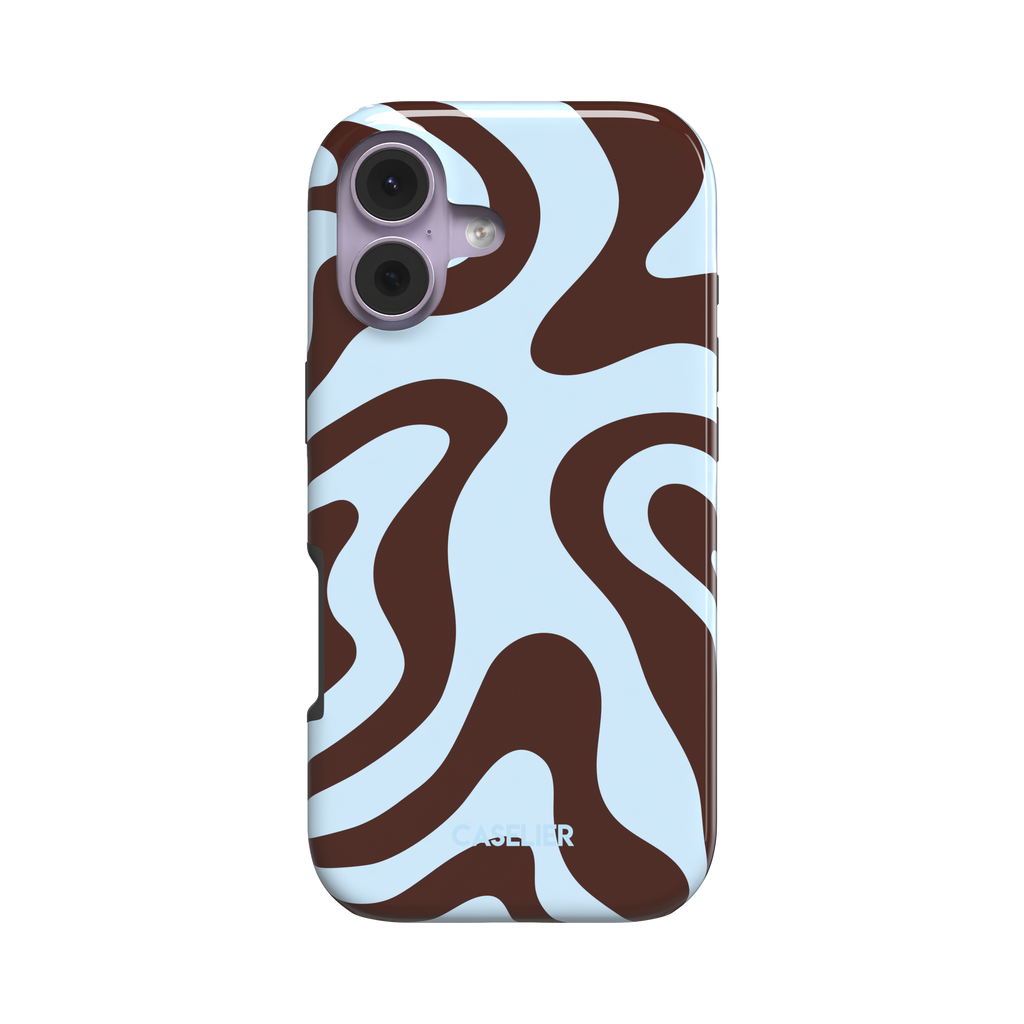 Wavey phone case in Brown and Blue, bold swirling pattern with rich dark brown waves on a pale sky blue background, glossy finish, phone case by Caselier - tough case, front view | Caselier