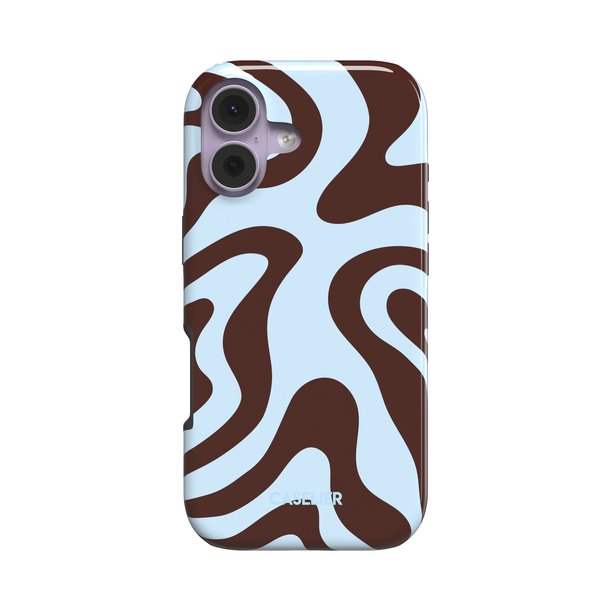Wavey phone case in Brown and Blue, bold swirling pattern with rich dark brown waves on a pale sky blue background, glossy finish, phone case by Caselier - tough case, front view | Caselier