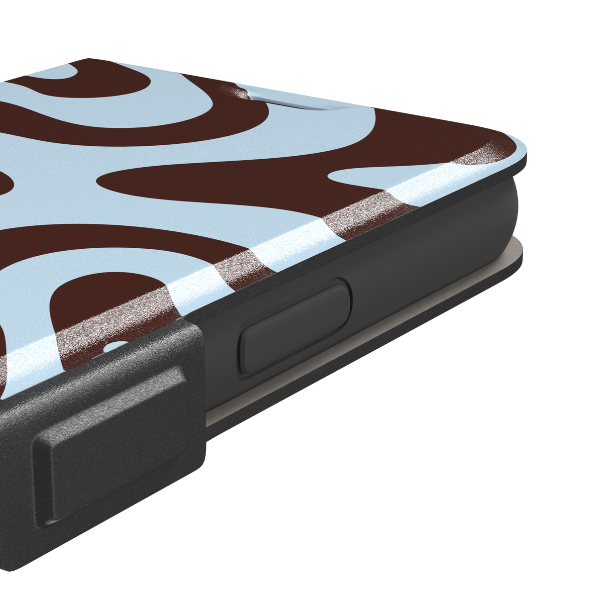 Wavey, retro liquid swirls in pale blue and chocolate brown, wallet case, volume buttons detail, phone case by Caselier