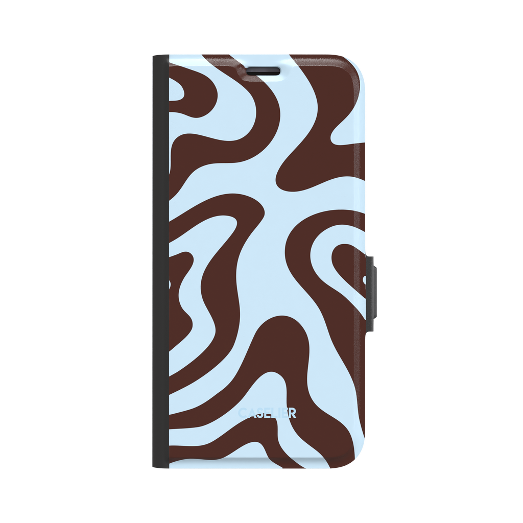 Wavey phone case in Brown and Blue, bold swirling pattern with rich dark brown waves on a pale sky blue background, glossy finish, phone case by Caselier - wallet case, front view | Caselier