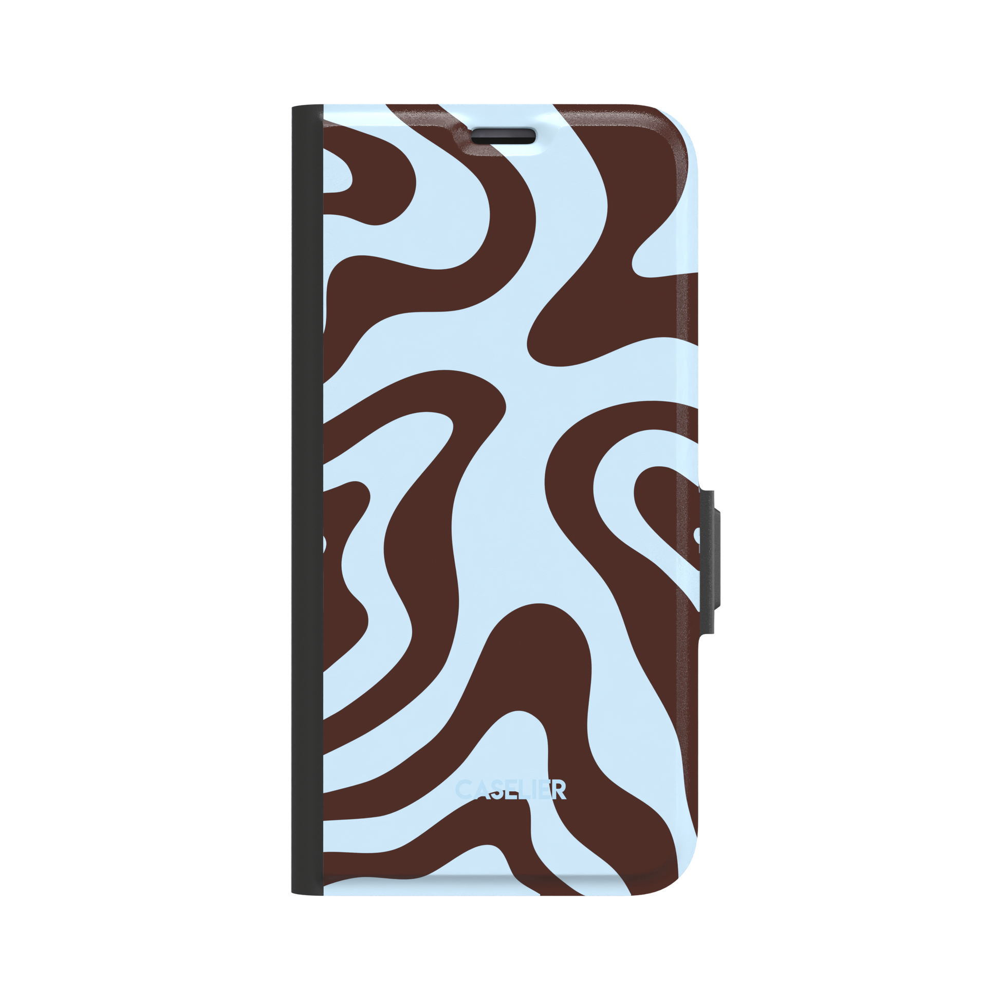 Wavey phone case in Brown and Blue, bold swirling pattern with rich dark brown waves on a pale sky blue background, glossy finish, phone case by Caselier - wallet case, front view | Caselier