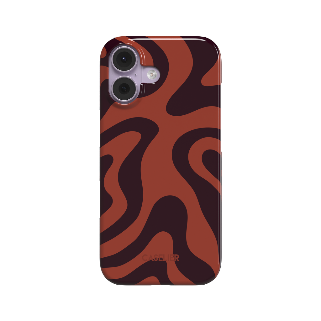 Wavey phone case in Brown and Red, fluid swirl pattern with deep maroon ribbons on a burnt sienna red background, glossy finish, phone case by Caselier - snap case, front view | Caselier