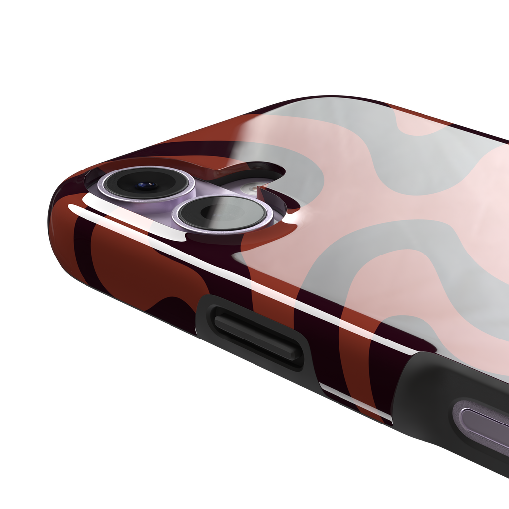 Wavey, groovy wavy swirls in rust orange and dark brown, tough case, volume buttons detail, phone case by Caselier