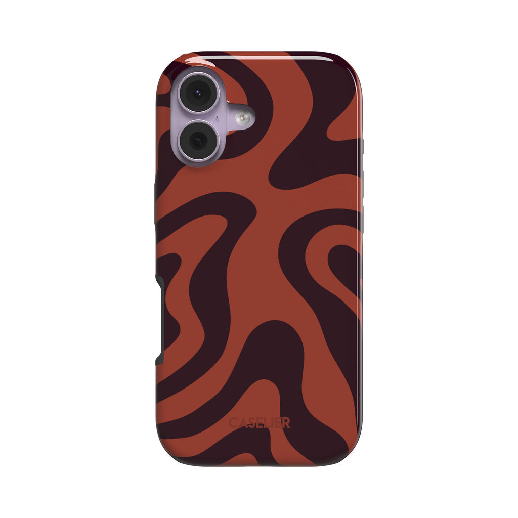 Wavey phone case in Brown and Red, fluid swirl pattern with deep maroon ribbons on a burnt sienna red background, glossy finish, phone case by Caselier - tough case, front view | Caselier