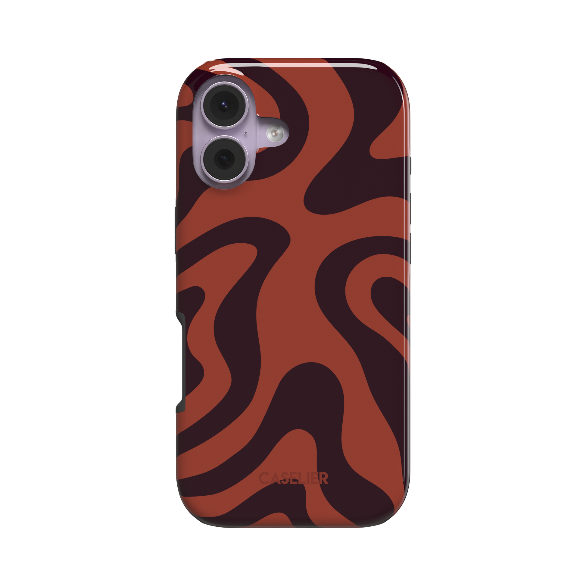 Wavey phone case in Brown and Red, fluid swirl pattern with deep maroon ribbons on a burnt sienna red background, glossy finish, phone case by Caselier - tough case, front view | Caselier