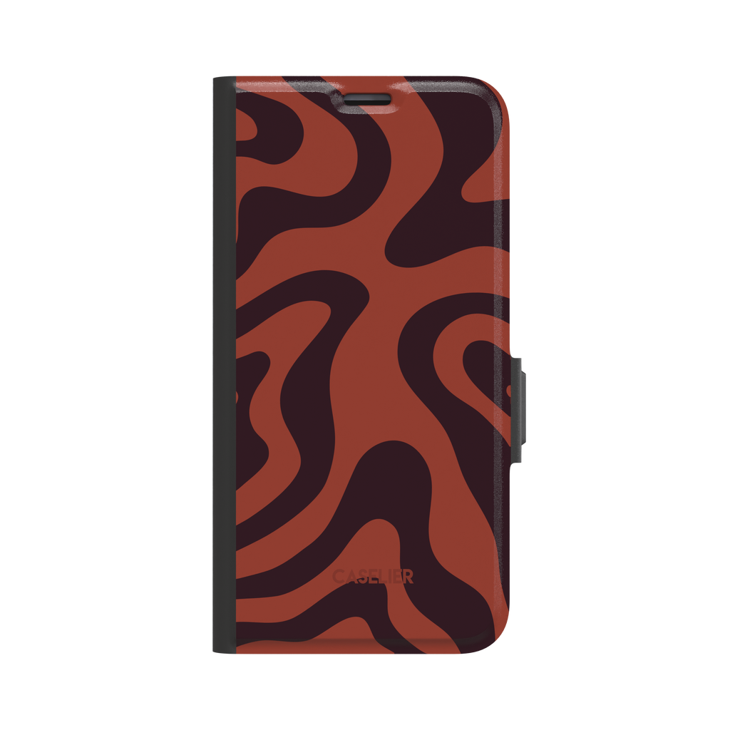 Wavey phone case in Brown and Red, fluid swirl pattern with deep maroon ribbons on a burnt sienna red background, glossy finish, phone case by Caselier - wallet case, front view | Caselier