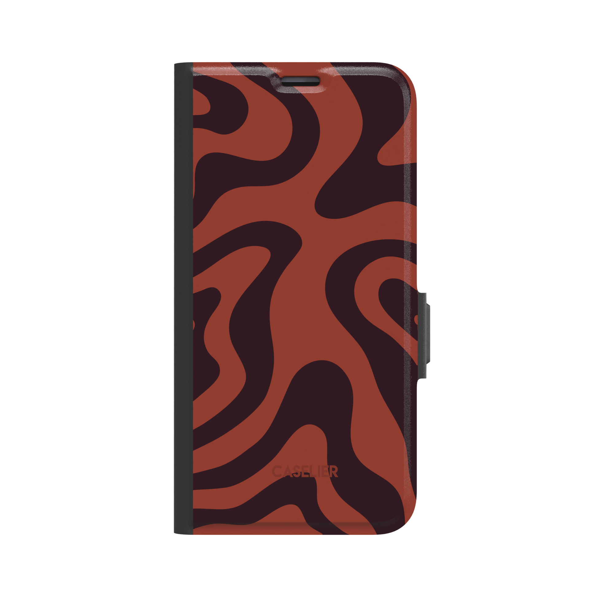 Wavey phone case in Brown and Red, fluid swirl pattern with deep maroon ribbons on a burnt sienna red background, glossy finish, phone case by Caselier - wallet case, front view | Caselier