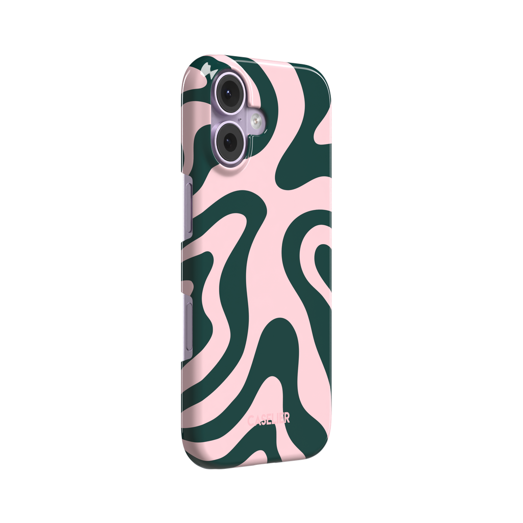 Wavey, curling retro waves in dark green and blush pink, snap case, left view, phone case by Caselier