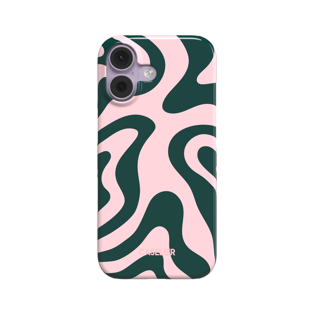 Wavey phone case in Green and Pink, fluid swirling pattern with dark forest green waves on a soft blush pink background, glossy finish, phone case by Caselier - snap case, front view | Caselier