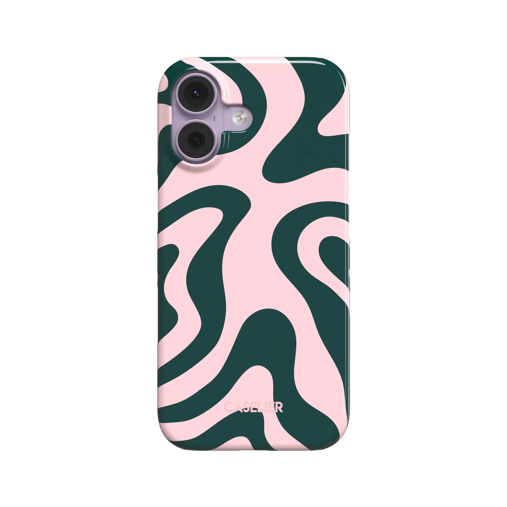 Wavey phone case in Green and Pink, fluid swirling pattern with dark forest green waves on a soft blush pink background, glossy finish, phone case by Caselier - snap case, front view | Caselier
