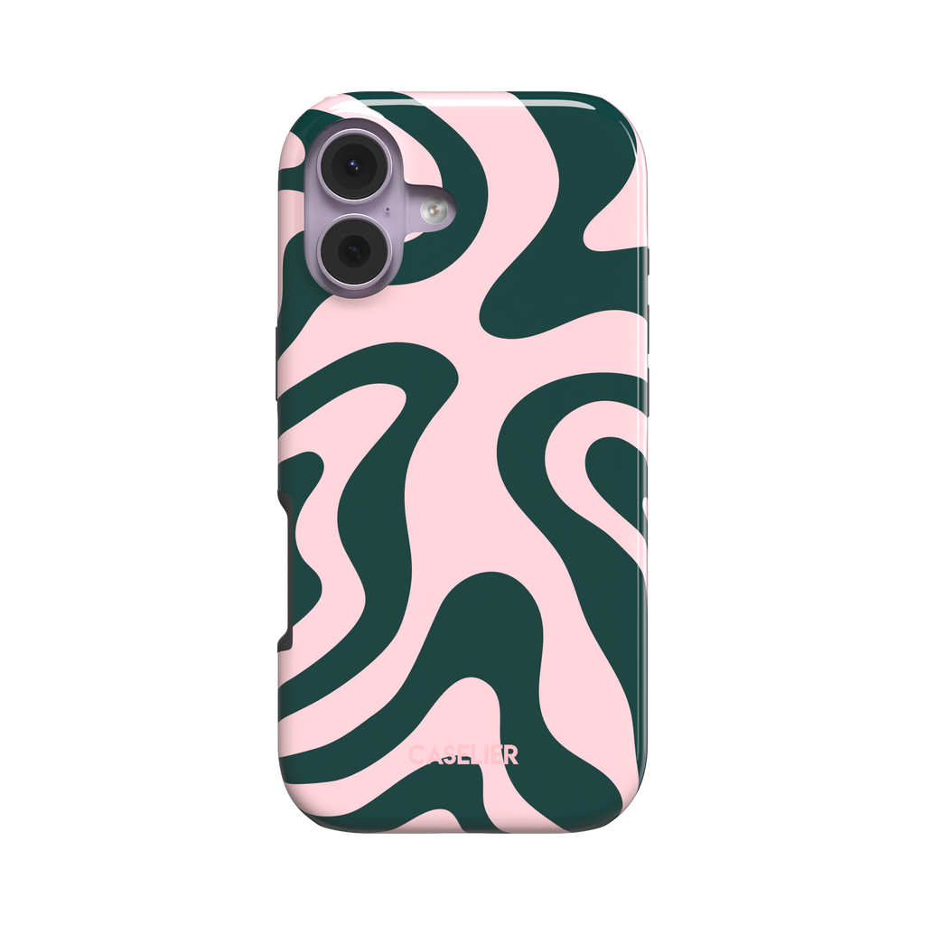 Wavey phone case in Green and Pink, fluid swirling pattern with dark forest green waves on a soft blush pink background, glossy finish, phone case by Caselier - tough case, front view | Caselier