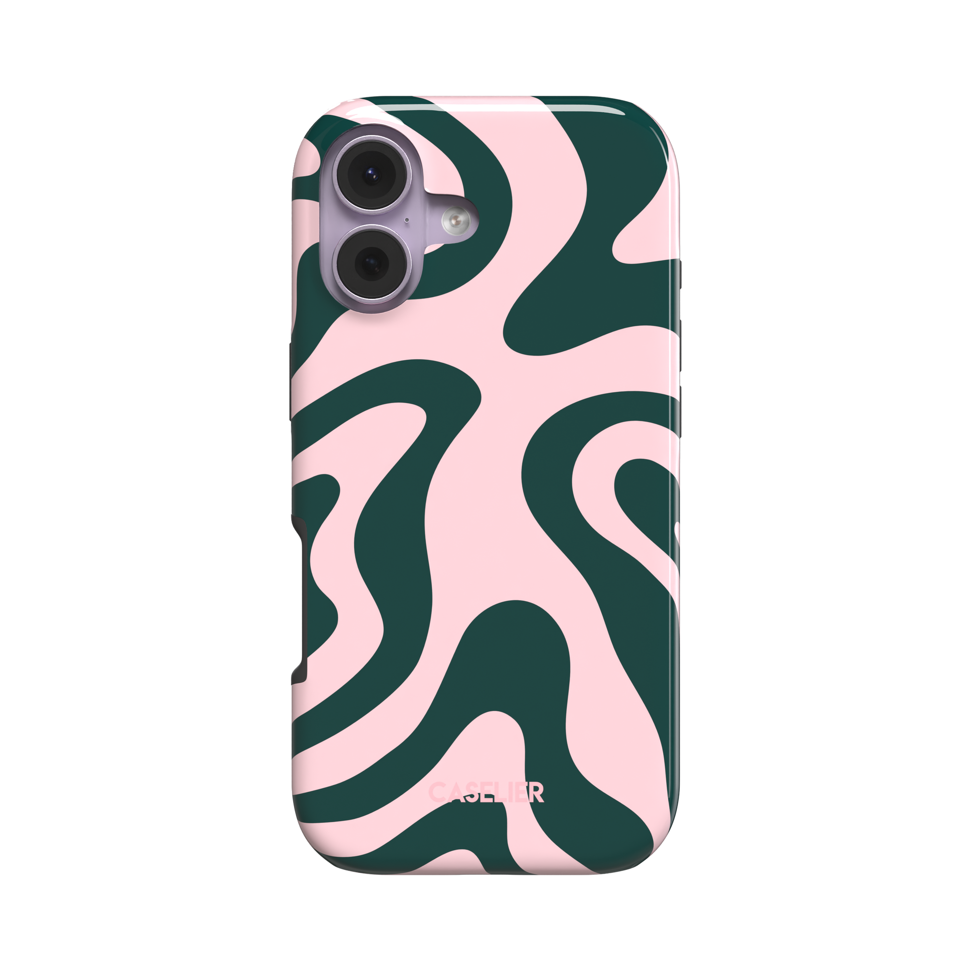 Wavey phone case in Green and Pink, fluid swirling pattern with dark forest green waves on a soft blush pink background, glossy finish, phone case by Caselier - tough case, front view | Caselier