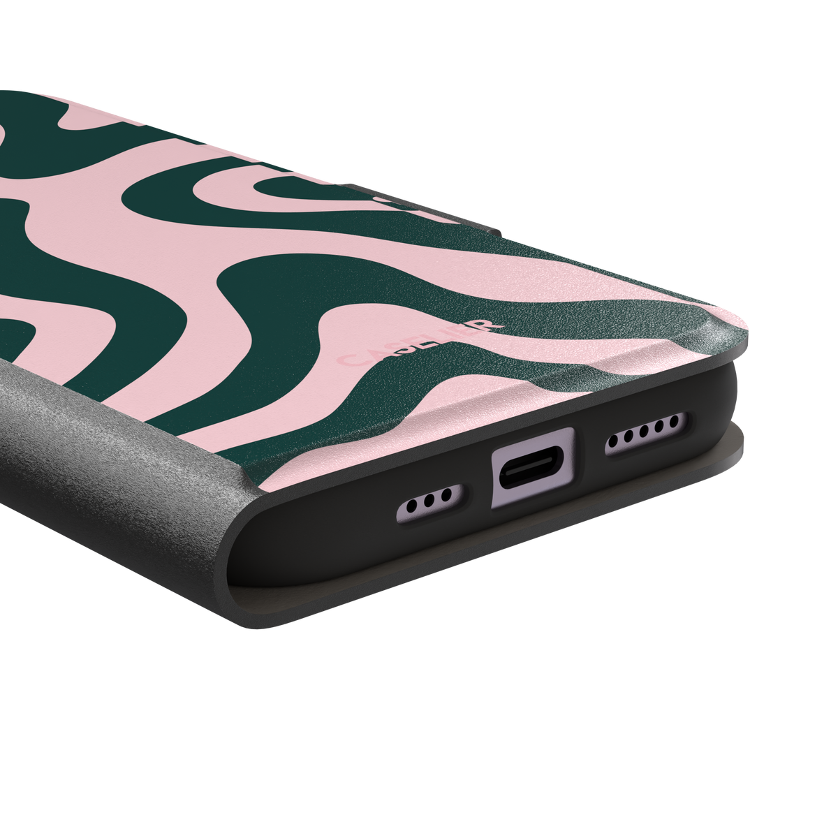 Wavey, curling retro waves in dark green and blush pink, wallet case, charging port detail, phone case by Caselier