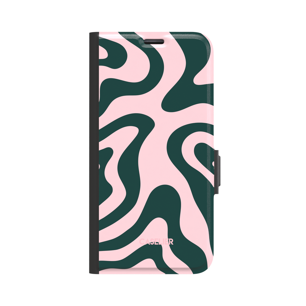 Wavey phone case in Green and Pink, fluid swirling pattern with dark forest green waves on a soft blush pink background, glossy finish, phone case by Caselier - wallet case, front view | Caselier