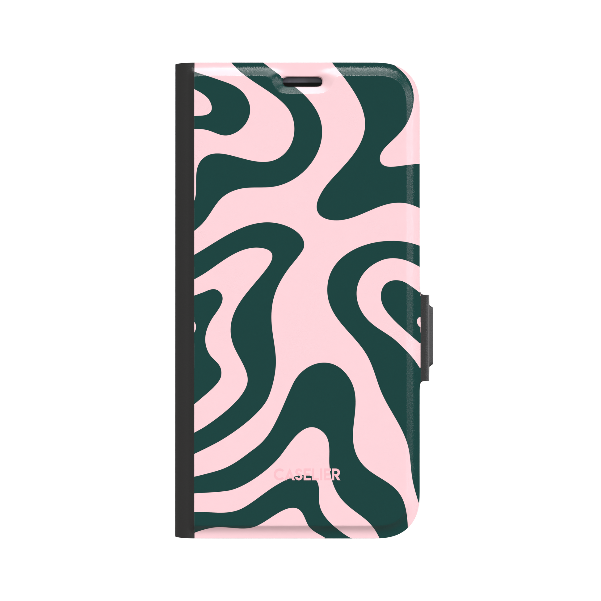 Wavey phone case in Green and Pink, fluid swirling pattern with dark forest green waves on a soft blush pink background, glossy finish, phone case by Caselier - wallet case, front view | Caselier