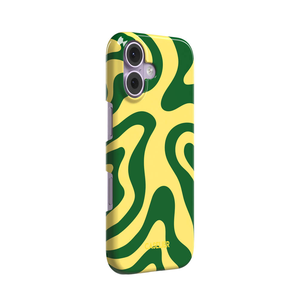 Wavey, swirling retro waves in forest green and yellow, snap case, left view, phone case by Caselier