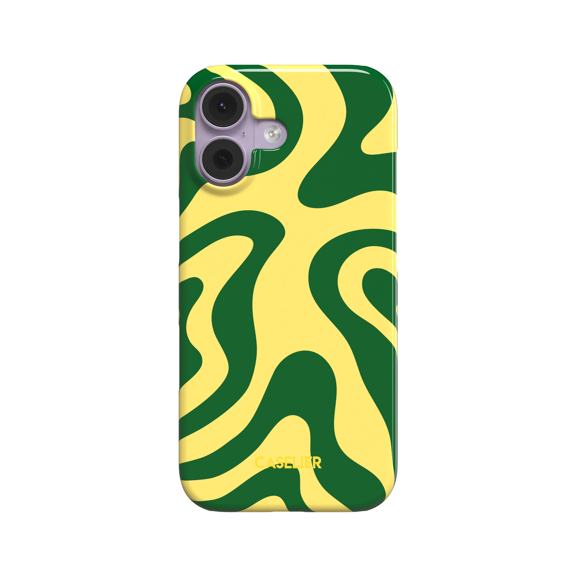 Wavey phone case in Green and Yellow, bold fluid swirl pattern with deep green ribbons on a lemon yellow background, glossy finish, phone case by Caselier - snap case, front view | Caselier