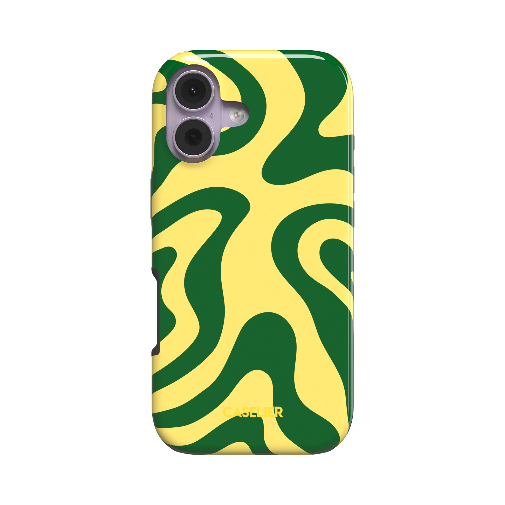 Wavey phone case in Green and Yellow, bold fluid swirl pattern with deep green ribbons on a lemon yellow background, glossy finish, phone case by Caselier - tough case, front view | Caselier