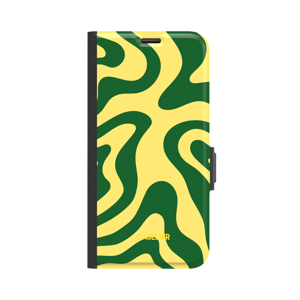 Wavey phone case in Green and Yellow, bold fluid swirl pattern with deep green ribbons on a lemon yellow background, glossy finish, phone case by Caselier - wallet case, front view | Caselier