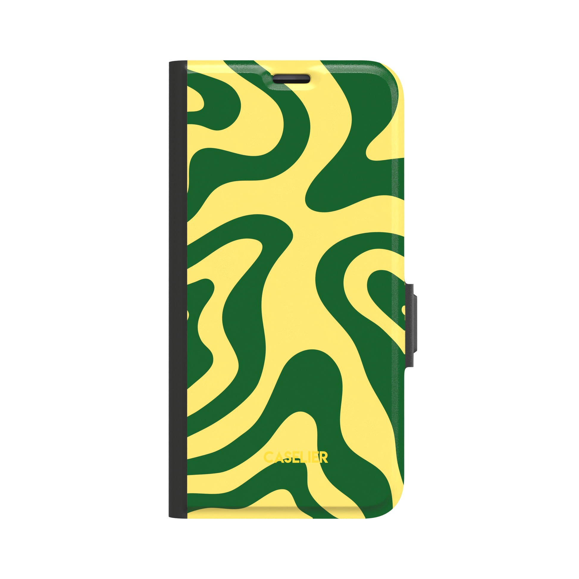 Wavey phone case in Green and Yellow, bold fluid swirl pattern with deep green ribbons on a lemon yellow background, glossy finish, phone case by Caselier - wallet case, front view | Caselier