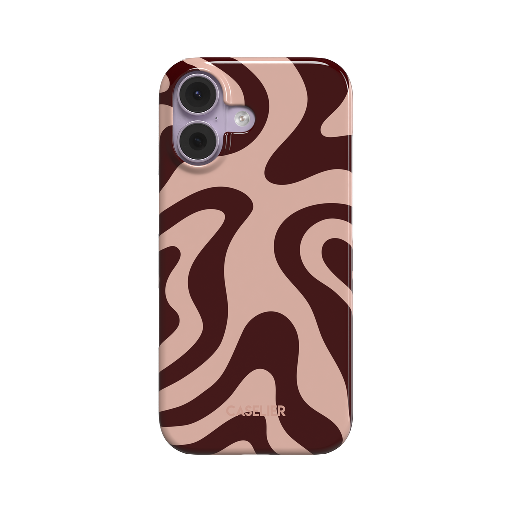 Wavey phone case in Hot Cocoa, organic swirling pattern with dark burgundy waves on a soft blush pink background, glossy finish, phone case by Caselier - snap case, front view | Caselier