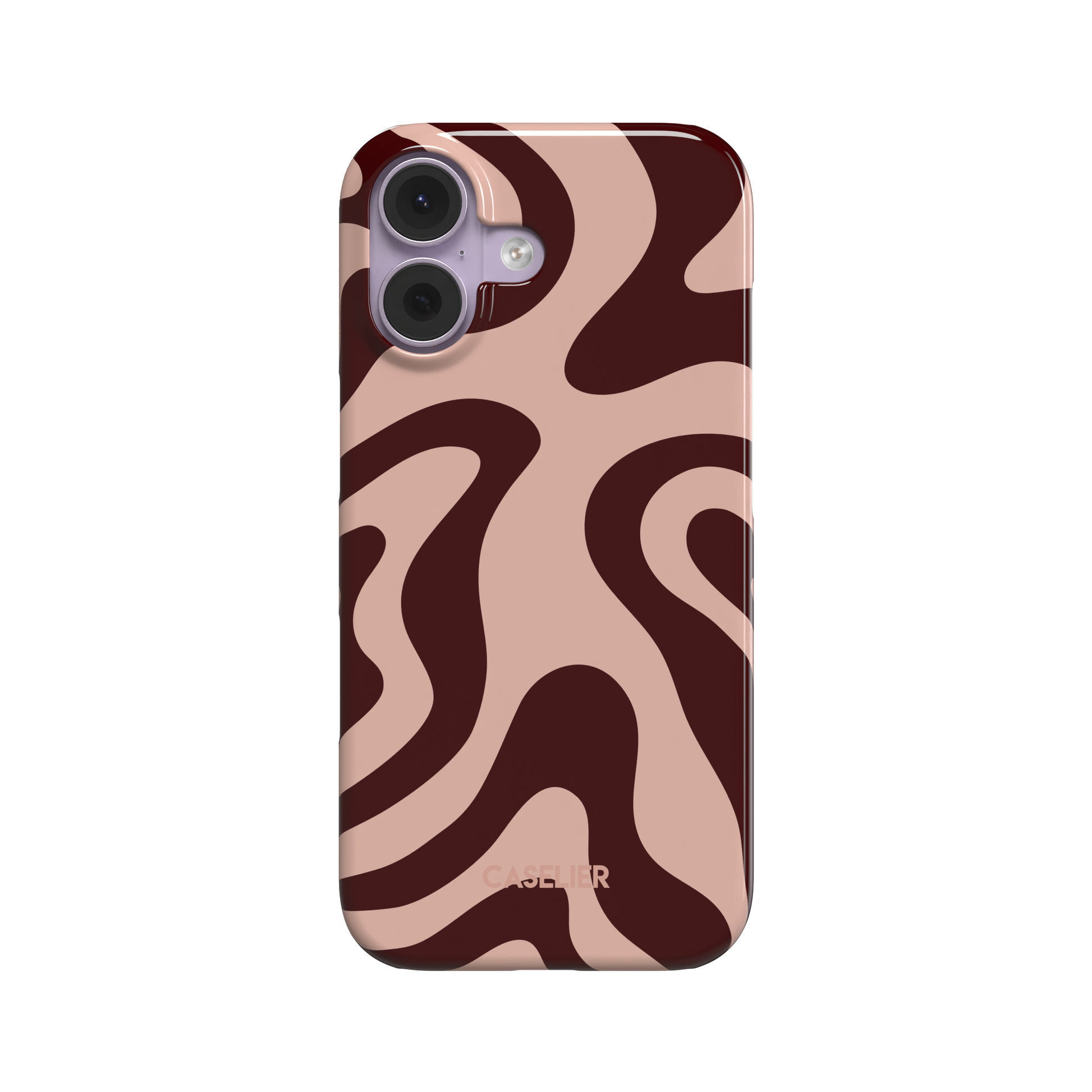 Wavey phone case in Hot Cocoa, organic swirling pattern with dark burgundy waves on a soft blush pink background, glossy finish, phone case by Caselier - snap case, front view | Caselier