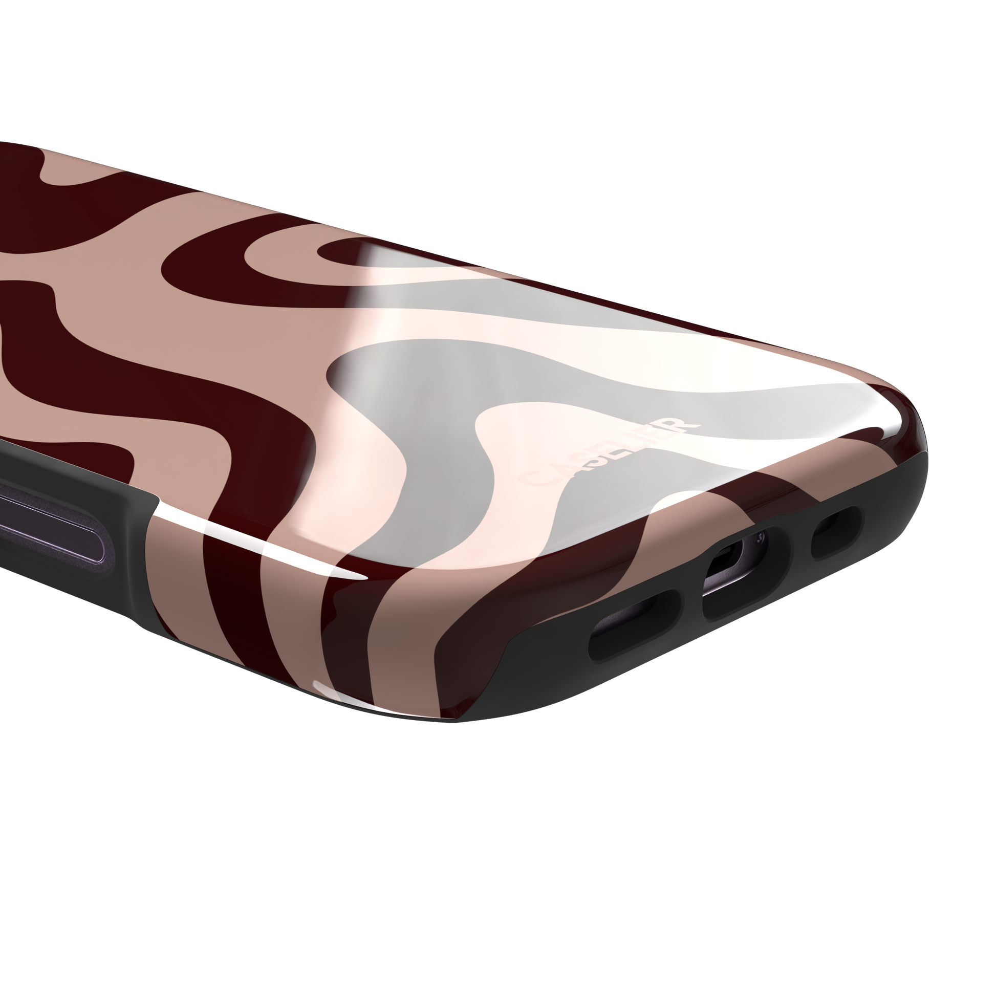 Wavey, liquid swirl pattern in blush pink and maroon, tough case, charging port detail, phone case by Caselier