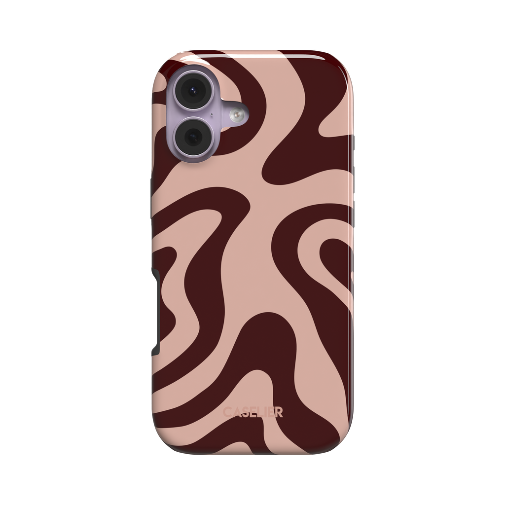 Wavey phone case in Hot Cocoa, organic swirling pattern with dark burgundy waves on a soft blush pink background, glossy finish, phone case by Caselier - tough case, front view | Caselier
