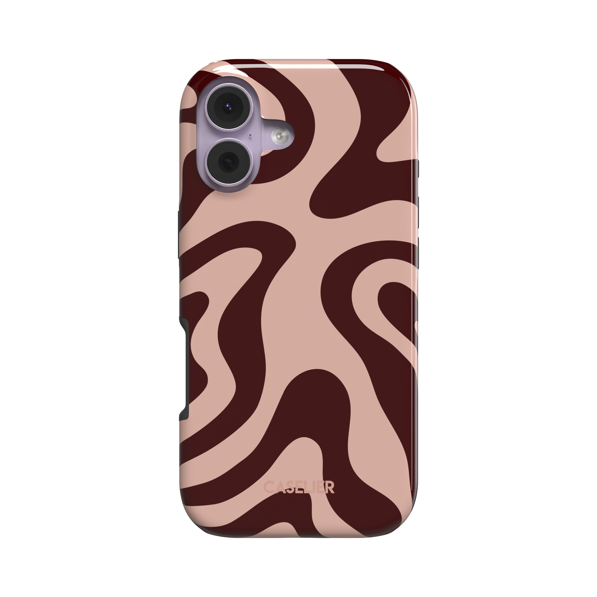 Wavey phone case in Hot Cocoa, organic swirling pattern with dark burgundy waves on a soft blush pink background, glossy finish, phone case by Caselier - tough case, front view | Caselier
