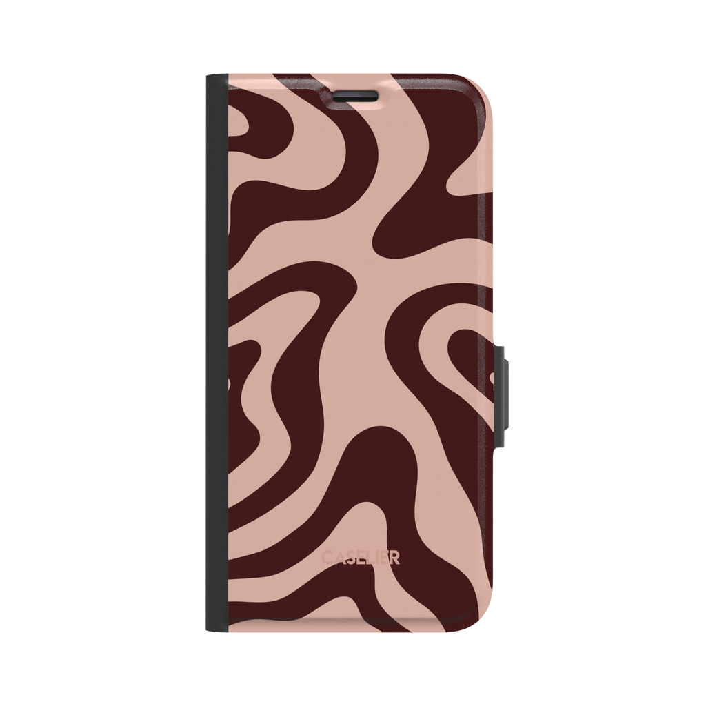 Wavey phone case in Hot Cocoa, organic swirling pattern with dark burgundy waves on a soft blush pink background, glossy finish, phone case by Caselier - wallet case, front view | Caselier