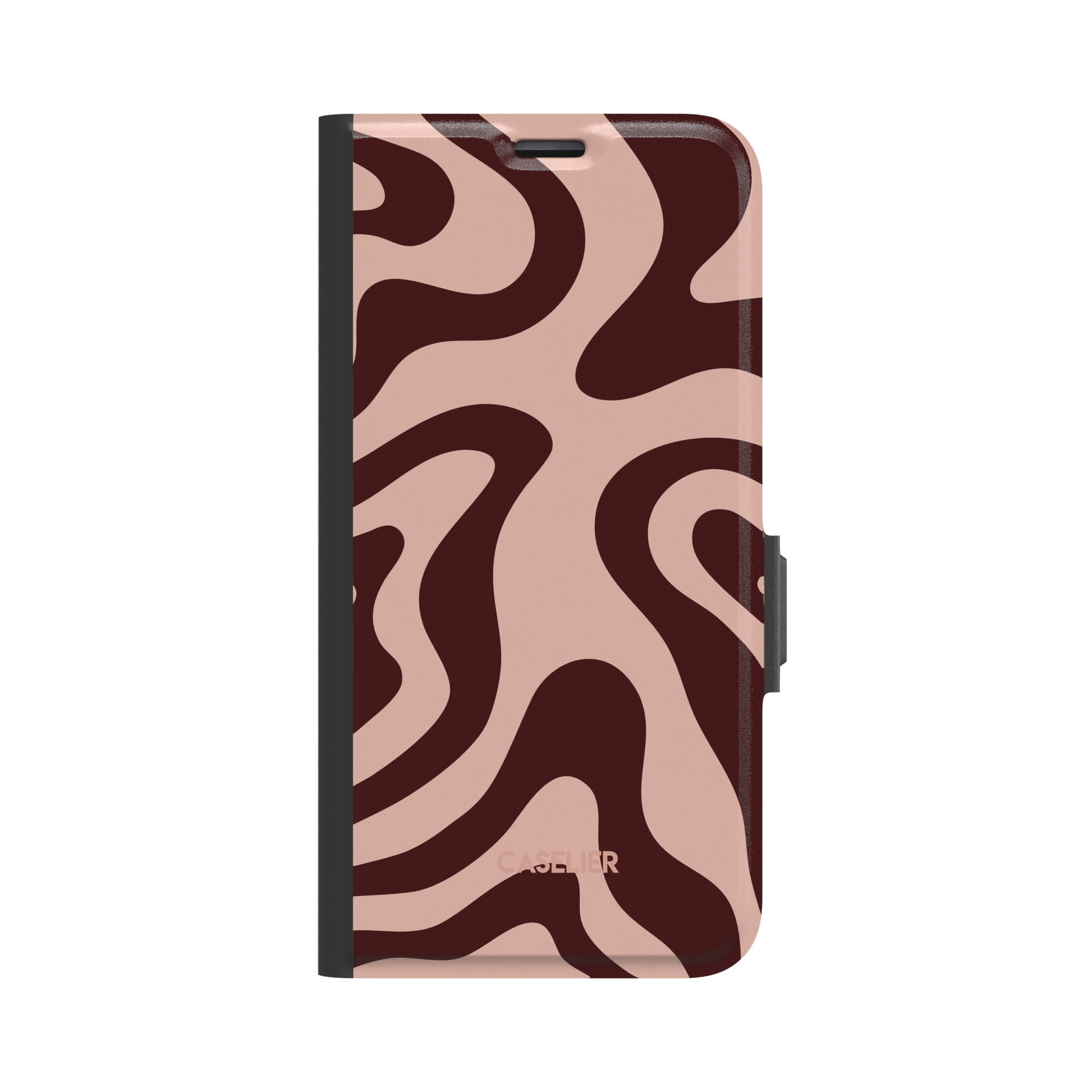 Wavey phone case in Hot Cocoa, organic swirling pattern with dark burgundy waves on a soft blush pink background, glossy finish, phone case by Caselier - wallet case, front view | Caselier