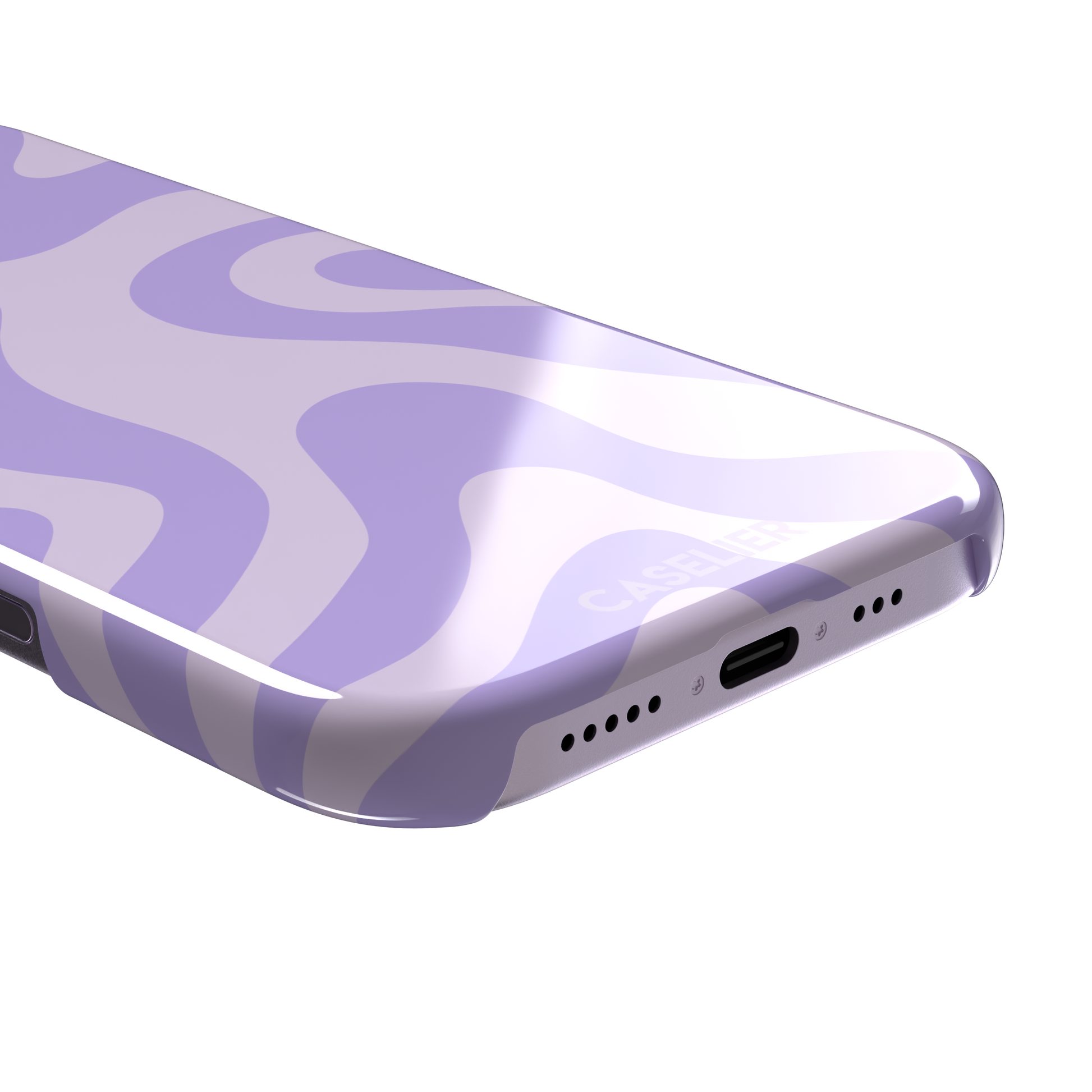 Wavey abstract phone case in lilac and soft lavender fluid swirl pattern, phone case by Caselier — snap case, charging port detail