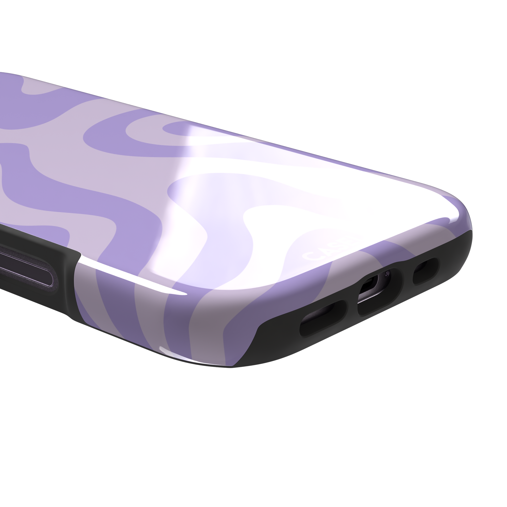 Wavey abstract phone case in lilac and soft lavender fluid swirl pattern, phone case by Caselier — tough case, charging port detail